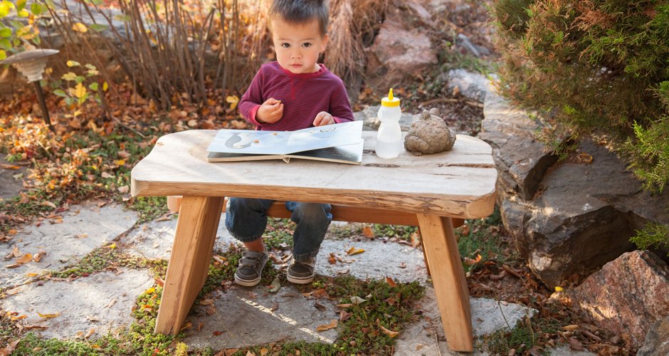 Wood Table with 2 Slab Leg Benches